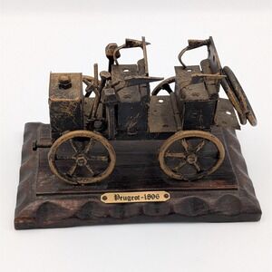 Vintage Model Car Peugeot 1896 Display Metal Folk Art Desk Collectible Wood Base